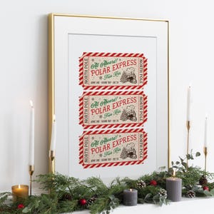 This, Polar Express Train Ticket to the North Pole Wall Art Print is a Printable Digital Download. A Classic  and Trendy Christmas decor in red green and dark brown. 8x10, 11x14, 16x20,  24x30, A1 A2 A3 A4 A5 A6 24x36 16x24 20x30 18x24 24x32