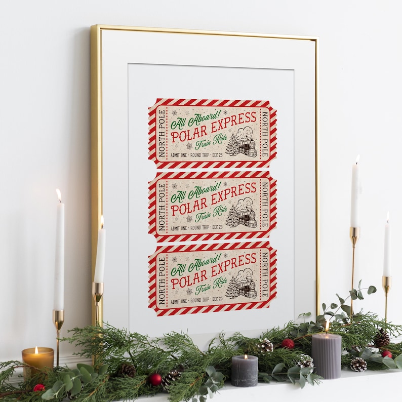 This, Polar Express Train Ticket to the North Pole Wall Art Print is a Printable Digital Download. A Classic  and Trendy Christmas decor in red green and dark brown. 8x10, 11x14, 16x20,  24x30, A1 A2 A3 A4 A5 A6 24x36 16x24 20x30 18x24 24x32