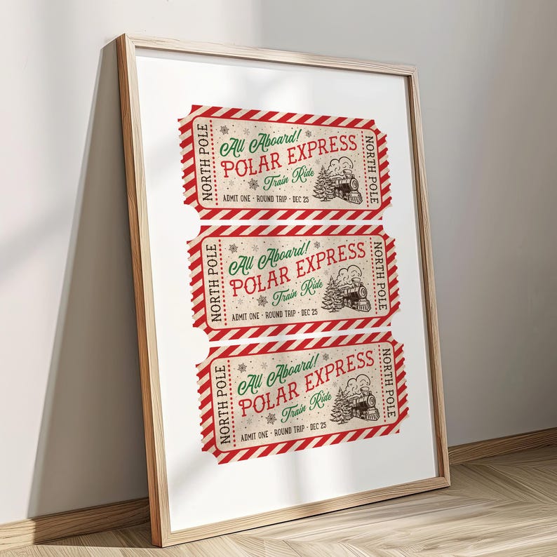 This, Polar Express Train Ticket to the North Pole Wall Art Print is a Printable Digital Download. A Classic  and Trendy Christmas decor in red green and dark brown. 8x10, 11x14, 16x20,  24x30, A1 A2 A3 A4 A5 A6 24x36 16x24 20x30 18x24 24x32