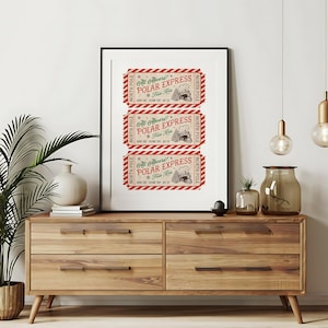 This, Polar Express Train Ticket to the North Pole Wall Art Print is a Printable Digital Download. A Classic  and Trendy Christmas decor in red green and dark brown. 8x10, 11x14, 16x20,  24x30, A1 A2 A3 A4 A5 A6 24x36 16x24 20x30 18x24 24x32