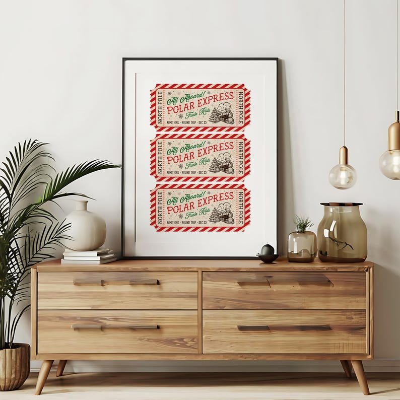 This, Polar Express Train Ticket to the North Pole Wall Art Print is a Printable Digital Download. A Classic  and Trendy Christmas decor in red green and dark brown. 8x10, 11x14, 16x20,  24x30, A1 A2 A3 A4 A5 A6 24x36 16x24 20x30 18x24 24x32