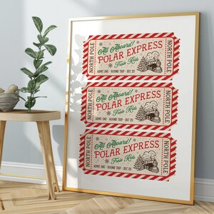 This, Polar Express Train Ticket to the North Pole Wall Art Print is a Printable Digital Download. A Classic  and Trendy Christmas decor in red green and dark brown. 8x10, 11x14, 16x20,  24x30, A1 A2 A3 A4 A5 A6 24x36 16x24 20x30 18x24 24x32
