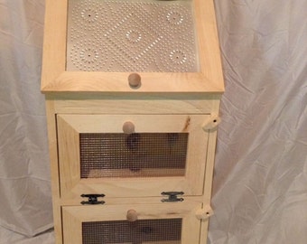 Handcrafted Solid Pine Bread Box with 2 Door Vegetable Bin.