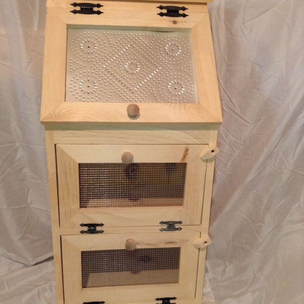 Handcrafted Solid Pine Bread Box with 2 Door Vegetable Bin.