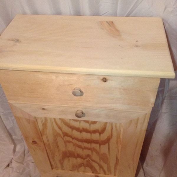 Primitive Pine Wood Trash Can With Drawer