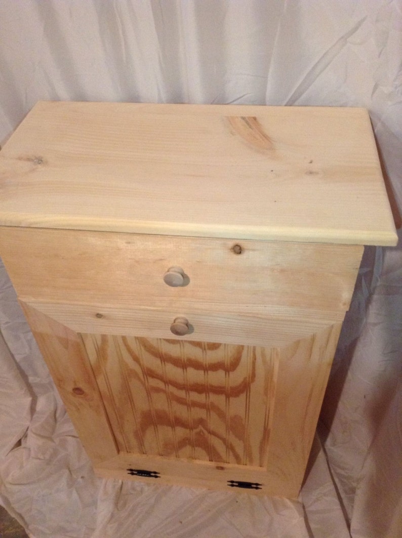 Primitive Pine Wood Trash Can With Drawer image 1