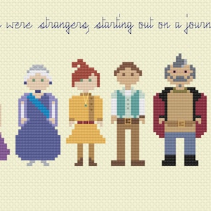May include: A cross-stitch design showing seven figures and a dog, with the text "We were strangers, starting out on a journey..." above them. The figures are in various outfits, including dresses and suits, in shades of purple, yellow, brown, and blue.