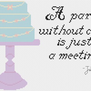 May include: A blue and white three-tiered cake with pink flowers and a quote that reads "A party without cake is just a meeting." - Julia Child