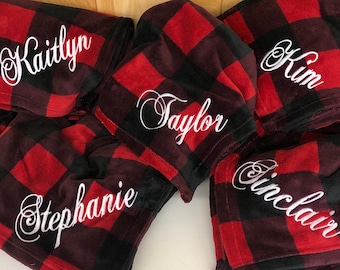 Red/Black Buffalo Plaid Blanket with Script Name in White