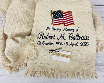 American Flag Personalized Throw, Afghan, Quilt for Funeral, Sympathy, Mourning, Remembrance, Death, Passing Veteran Military Army Navy