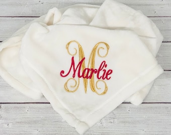 Baby Blanket with Script Cursive Initial and Name | 5 Colors To Choose From | Customized Custom Embroidered Super Soft Baby Blanket