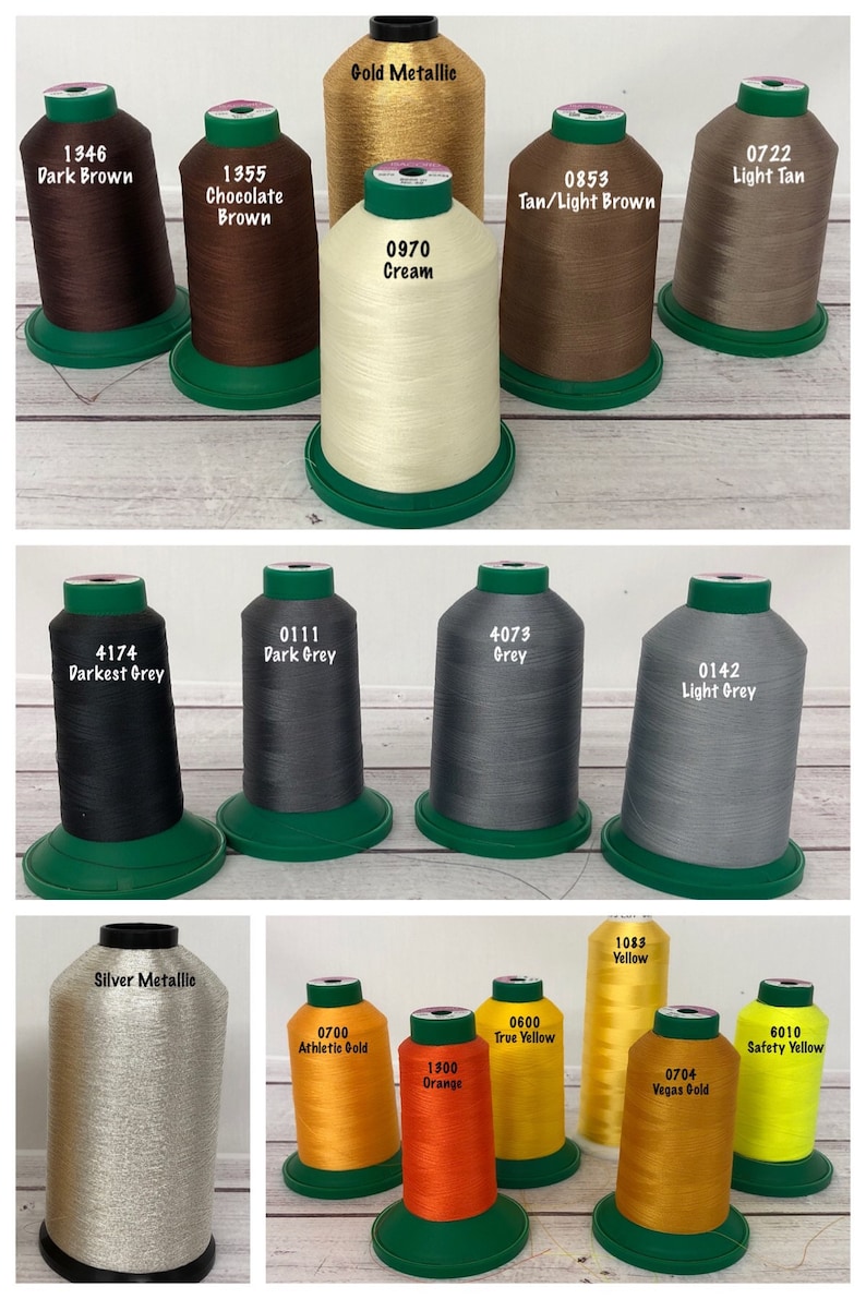May include: Assortment of spools of thread in various colors, including dark brown, chocolate brown, cream, tan, light tan, darkest grey, dark grey, grey, light grey, silver, athletic gold, true yellow, safety yellow, orange, and Vegas gold. The spools are labeled with their corresponding color names and numbers.