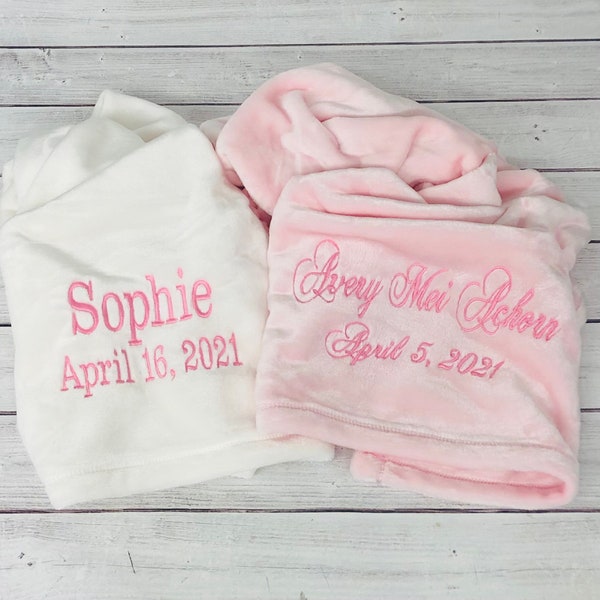 Baby Blanket with Full Name and Birth Date | 5 Blanket Colors To Choose From | Customized Personalized Embroidered Soft Baby Blanket