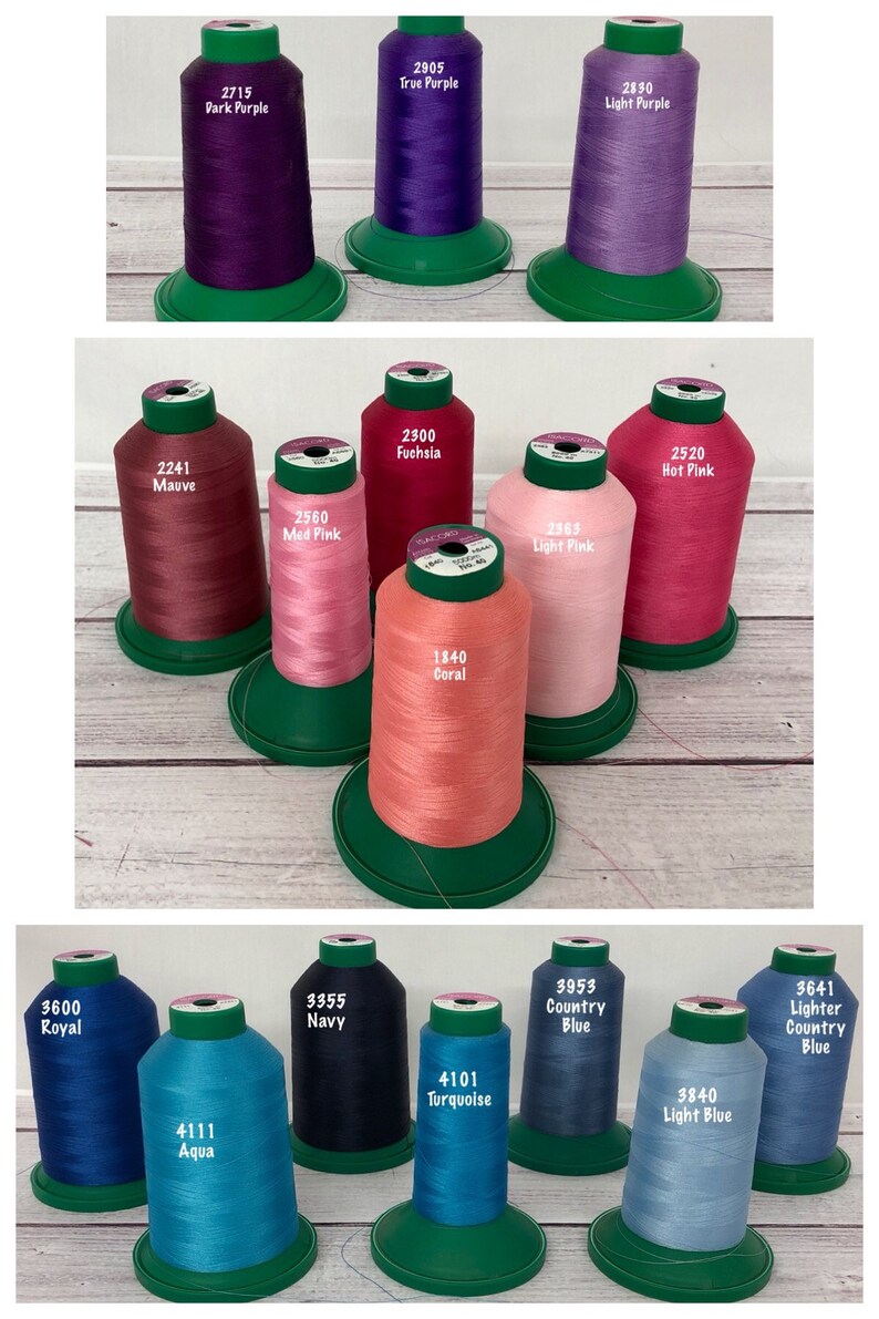 May include: Assortment of spools of thread in various colors, including purple, pink, coral, blue, and aqua. Each spool is labeled with a number and color name.