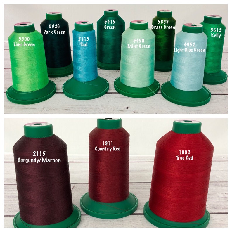 May include: Assortment of spools of embroidery floss in various colors, including lime green, dark green, teal, green, mint green, grass green, light blue green, kelly, country red, burgundy/maroon, and true red. Each spool has a number and color name printed on it.