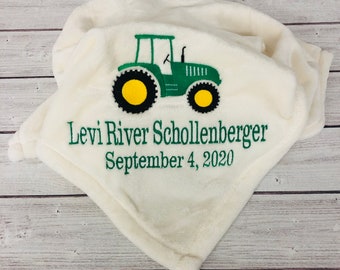 Baby Blanket with Tractor Design, Name, and Birthdate | 5 Blanket Colors To Choose From | Custom Customized Personalized Embroidered