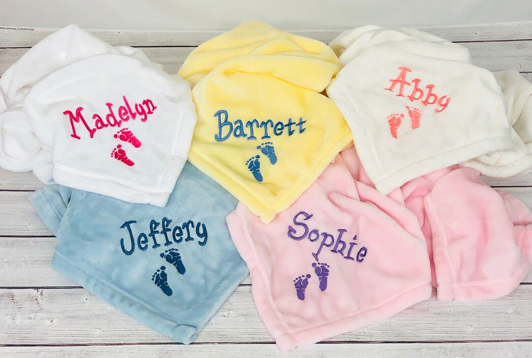 Baby Blanket With Name in Primary Font and Baby Feet 5 Blanket Colors