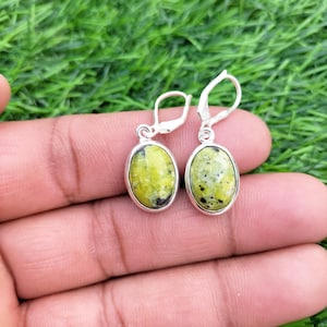 Pode incluir: Um par de brincos de prata com fecho de alavanca. Cada brinco apresenta uma pedra oval verde limão com manchas pretas, emoldurada em uma moldura de prata. Os brincos são exibidos em um fundo verde.