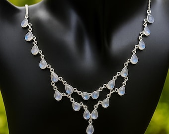 Rainbow Moonstone Teardrop Necklace: Sterling Silver Bezel Setting