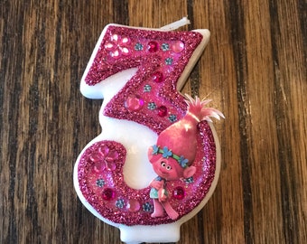 Handcrafted &quot;Trolls&quot; or ANY Themed Birthday Candles- Decorated To Your Liking