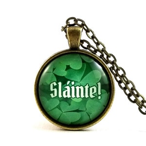 Slainte Irish Toast, St. Patrick&#39;s Gift, Irish Shamrock Necklace, Gaelic Celtic Toast, Wear Green, Beer Lover Gift, Irish Drinking Gift