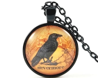 Poe Quote Nevermore Raven Glass Pendant Necklace, Halloween Gift for Her