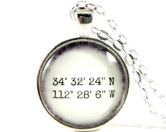 GPS Coordinates Latitude Longitude Glass Pendant Necklace, Memento Gift, Personalized with Name