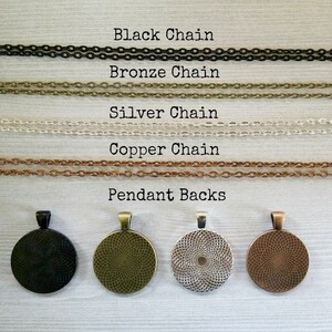May include: Four pendant backs in black, bronze, silver, and copper. Each pendant back has a decorative pattern. The image also shows four different chain styles: black, bronze, silver, and copper.
