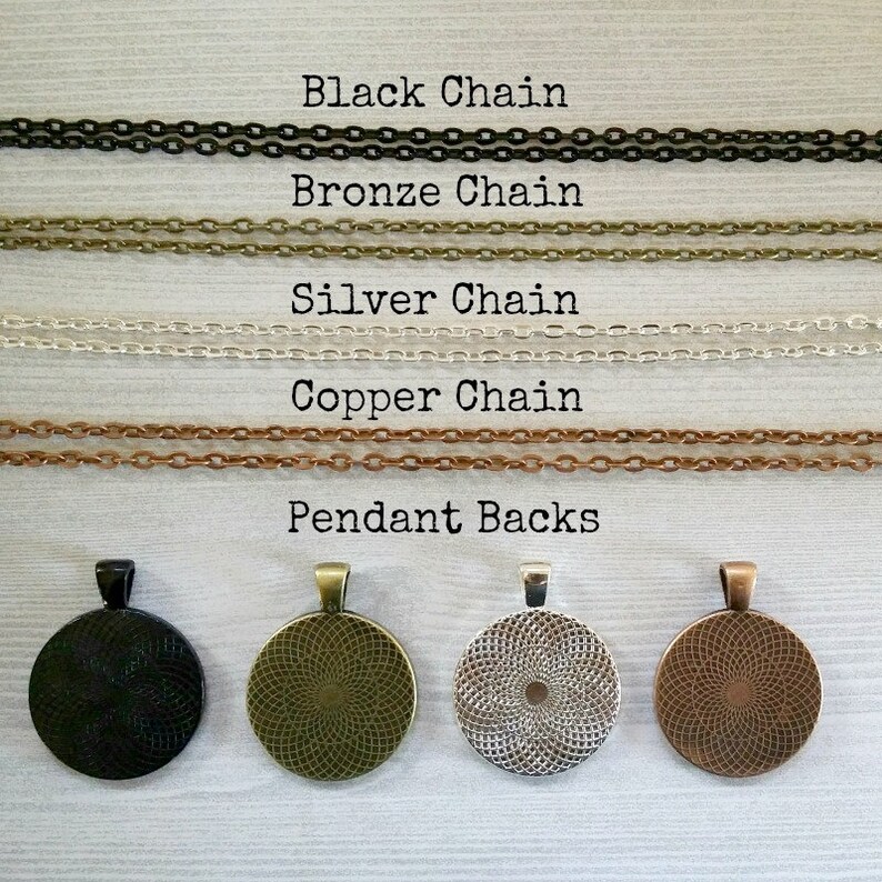 May include: Four pendant backs in black, bronze, silver, and copper. Each pendant back has a decorative pattern. The image also shows four different chain styles: black, bronze, silver, and copper.