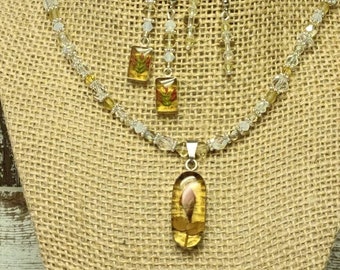 Handmade Rosebud Citrine Jewelry Set: Vintage Pendant Necklace & Earrings