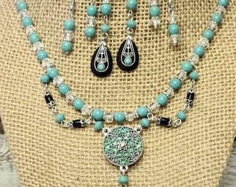Turquoise Necklace and Earring Set: Handmade Western Rodeo Jewelry