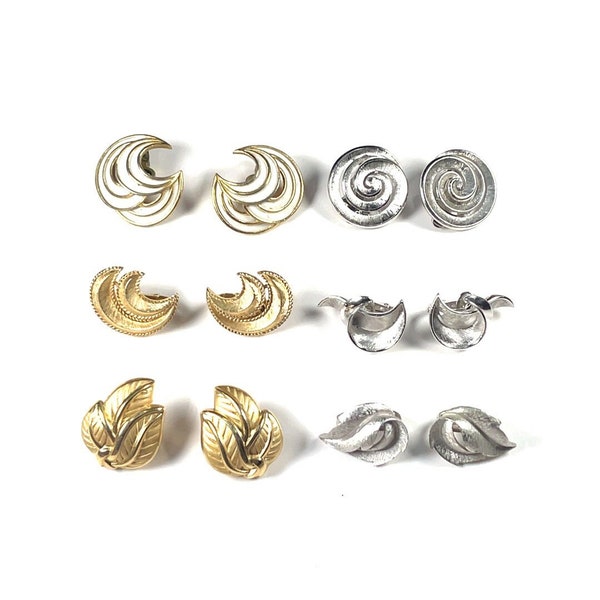 Choice Lot 6 Pairs All Signed Crown Trifari Gold Plate Rhodium Plate No Stone Clip Earrings