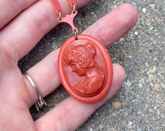 Gorgeous Antique Neon Orange Celluloid Cameo Chain Link Pendant Necklace, Retro Celluloid Plastic Link Cameo Oval Pendant Necklace