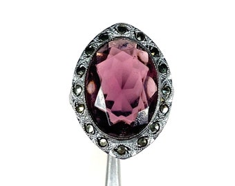 VTG Sterling Silver Marcasite and Amethyst Glass Cocktail Oval Marquise Ring, Silver Filigree Purple Stone Costume Ring