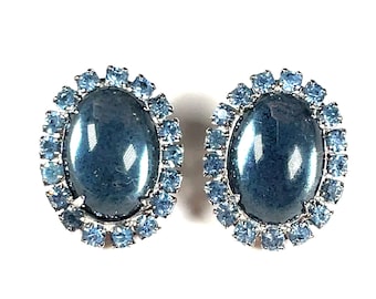 Vintage High End Blue Domed Cabochon and Rhinestone Halo Clip Earrings, Vintage Weiss Style Rhinestone Earrings