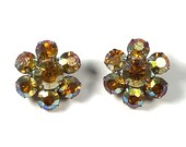 Vintage High End Unsigned Rhinestone Topaz AB Cluster Clip Earrings, Vintage Costume Rhinestone Cluster Earrings