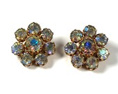 Vintage Retro High End Weiss NY AB Rhinestone Gold Tone Sparkly Clip Earrings, Costume Weiss Signed Earrings