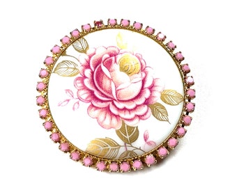 Vintage Floral Motif Pink Transfer Cabochon Rhinestone Brooch Pin, Costume Rhinestone Porcelain Transfer Brooch Pin Jewelry