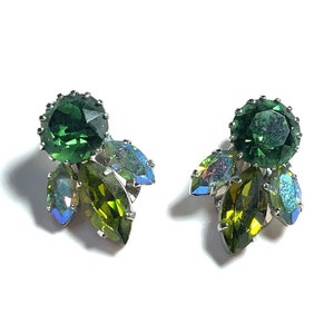 Vintage Shades of Green Rhinestone Made in Austria Round Marquise Prong Set Silver Tone Clip Earrings