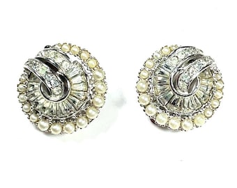 Vintage Pennino Signed Faux Pearl Pave Crystal Baguette Keystone Round Rhinestone Silver Tone Clip Earrings
