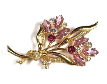 vintage Art déco en métal doré floral pavé strass broche grande fleur rose et violet
