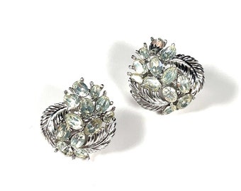 Crown Trifari Signed VTG Crystal Rhinestone Oval Stone Silver Tone Clip Earrings High End Vintage Retro Jewelry