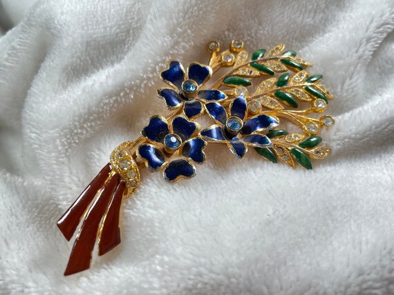 Broche Ancienne Art Déco Années 50 - Fleurs Avec Perles Rouges En Métal Doré
