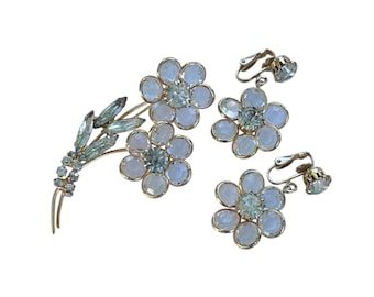 Vintage Rhinestone Flower Brooch and Clip Earrings, Gold Plated Jewelry Set