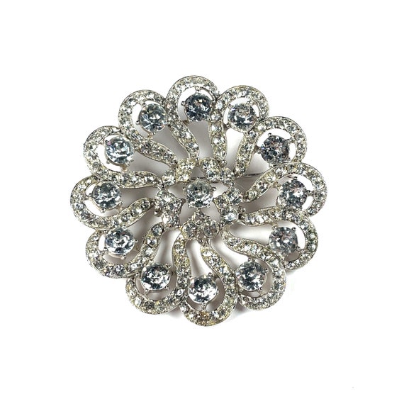 VTG Bogoff Signed Large Round Rhinestone Swirl Pin