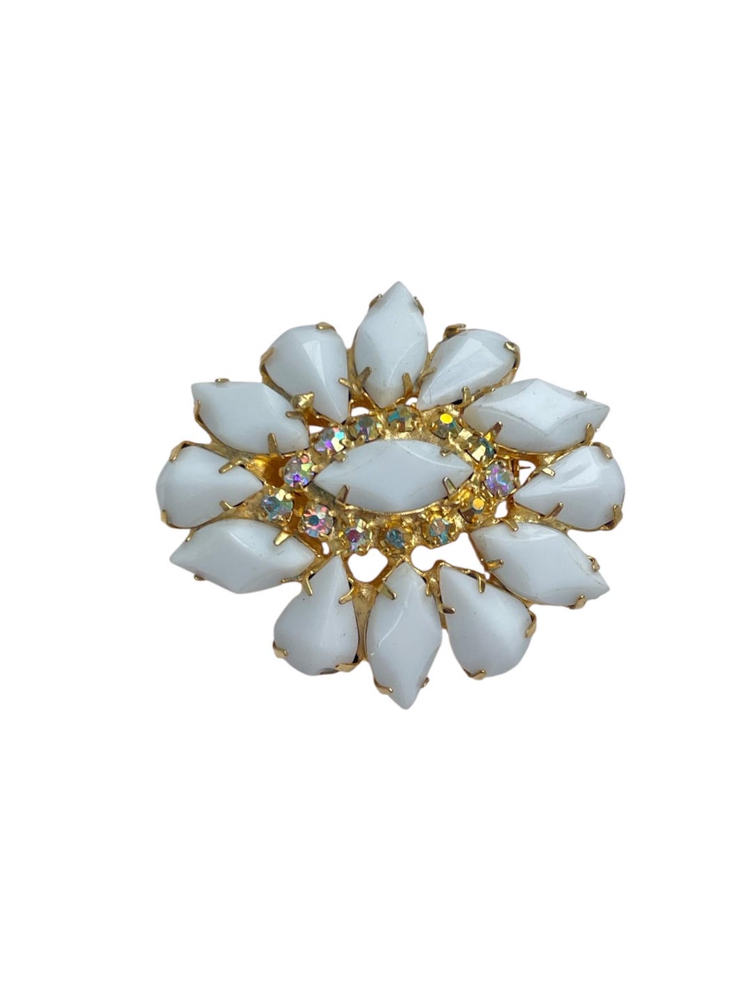 VTG White Rhinestone Unusual Shape Gold Tone AB Crystal Brooch Pin ...