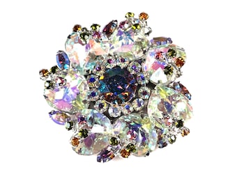 VTG Vendome Signed Rhinestone Brooch AB Heart Shape Statement Wire Over