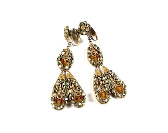 Vtg Miriam Haskell Signierte riesige Tropfen Topas Kristallgelb Strass Blume Ohrclips