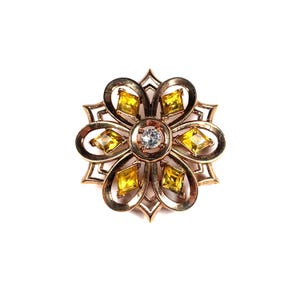 VTG Trifari Pat Pend Signed Gold Plated Topaz Rhinestone Flower Starburst Brooch Pin Retro Costume Jewelry