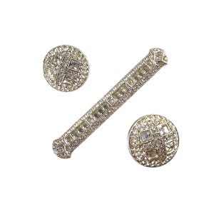 Vintage Eisenberg Signed Art Deco Style Bar Brooch Pin and Clip Earrings Set Square Pave Crystal